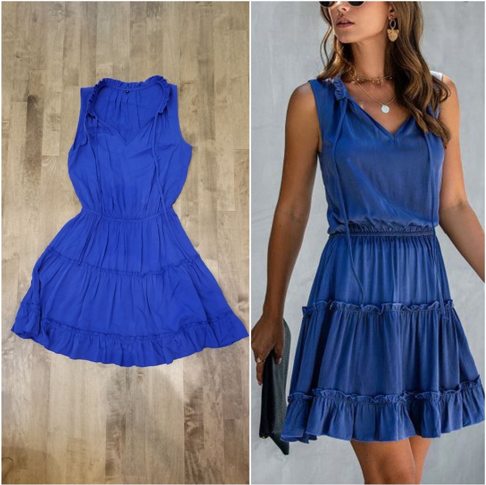 Blue tie neck casual dress